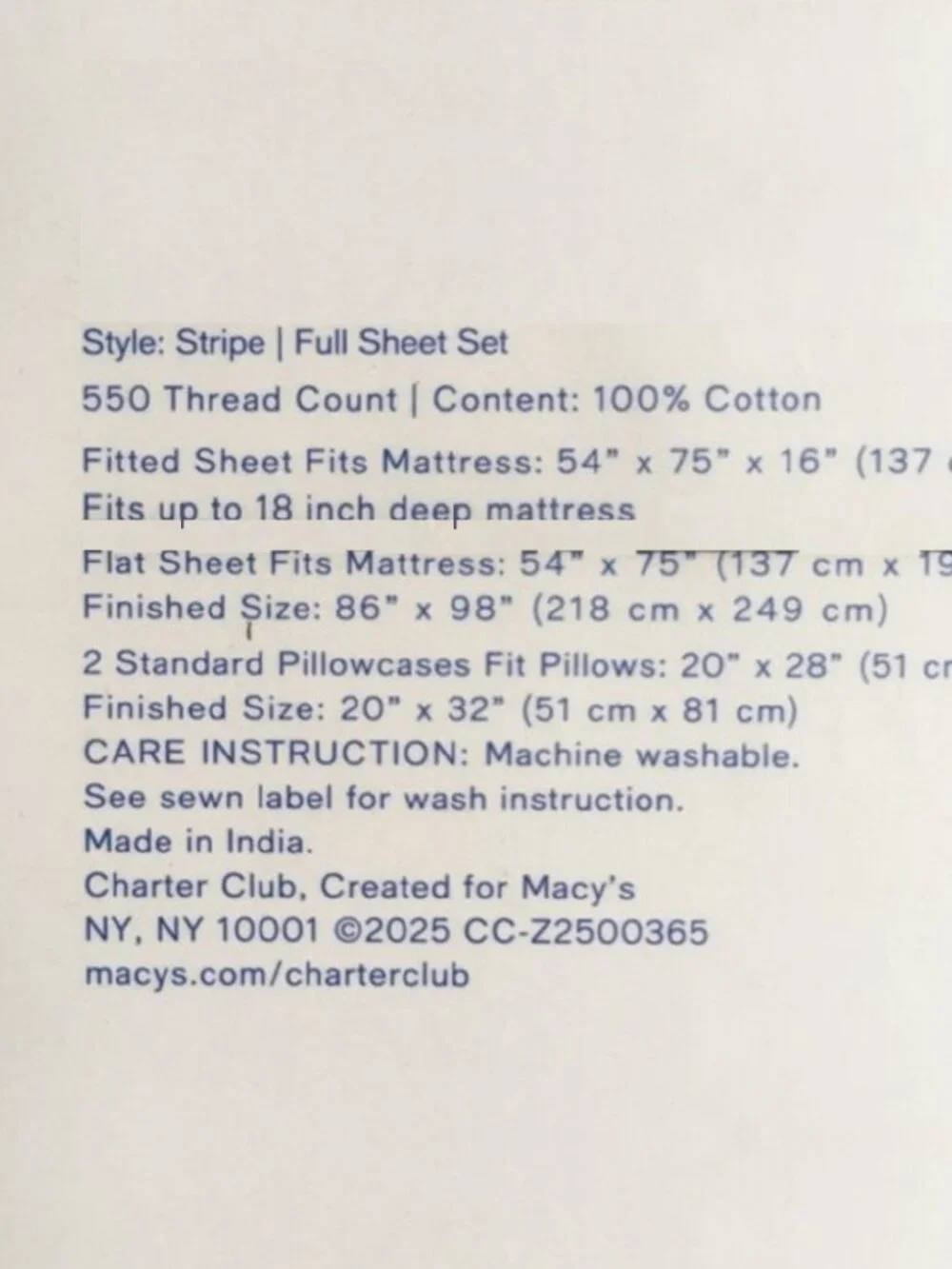 brand new 4-piece STRIPE Charter Club Damask 550 TC 100% Cotton FULL Sheet Set
